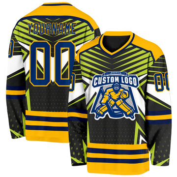 Custom Black US Navy Blue Green Navy Gold-White 3D Pattern Cyber Mecha E-sport Hockey Jersey