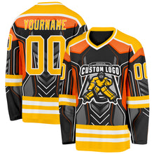 Загрузить изображение в средство просмотра галереи, Custom Black Gold Gray Orange-White 3D Pattern Cyber Mecha E-sport Hockey Jersey
