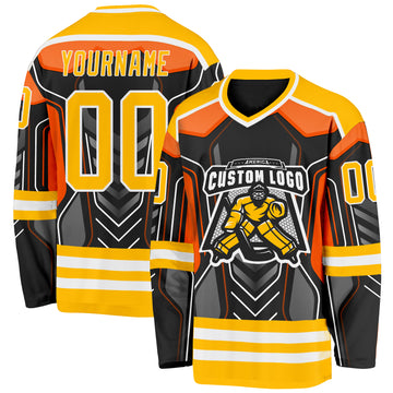 Custom Black Gold Gray Orange-White 3D Pattern Cyber Mecha E-sport Hockey Jersey