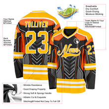 Загрузить изображение в средство просмотра галереи, Custom Black Gold Gray Orange-White 3D Pattern Cyber Mecha E-sport Hockey Jersey
