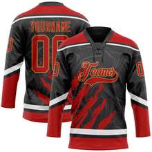 Load image into Gallery viewer, Custom Black Red Old Gold-White 3D Splash Art Hockey Lace Neck Jersey
