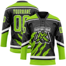 Load image into Gallery viewer, Custom Black Neon Green-White 3D Splash Art Hockey Lace Neck Jersey
