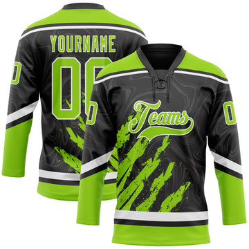Custom Black Neon Green-White 3D Splash Art Hockey Lace Neck Jersey