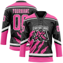 Load image into Gallery viewer, Custom Black Pink-White 3D Splash Art Hockey Lace Neck Jersey
