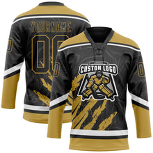 Load image into Gallery viewer, Custom Black Old Gold-White 3D Splash Art Hockey Lace Neck Jersey
