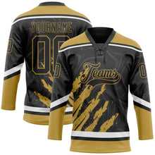 Load image into Gallery viewer, Custom Black Old Gold-White 3D Splash Art Hockey Lace Neck Jersey
