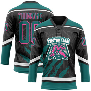Custom Black Teal Pink-White 3D Splash Art Hockey Lace Neck Jersey
