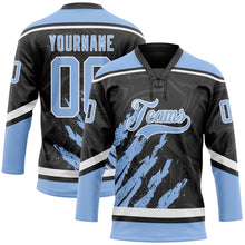 Загрузить изображение в средство просмотра галереи, Custom Black Light Blue-White 3D Splash Art Hockey Lace Neck Jersey
