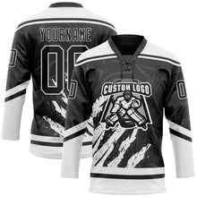 Load image into Gallery viewer, Custom Black White 3D Splash Art Hockey Lace Neck Jersey
