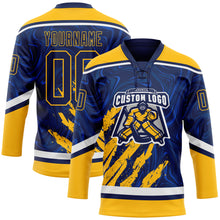 Laden Sie das Bild in den Galerie-Viewer, Custom Navy Gold-White 3D Splash Art Hockey Lace Neck Jersey
