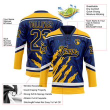 Laden Sie das Bild in den Galerie-Viewer, Custom Navy Gold-White 3D Splash Art Hockey Lace Neck Jersey
