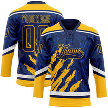 Laden Sie das Bild in den Galerie-Viewer, Custom Navy Gold-White 3D Splash Art Hockey Lace Neck Jersey
