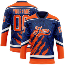 Laden Sie das Bild in den Galerie-Viewer, Custom Navy Orange-White 3D Splash Art Hockey Lace Neck Jersey
