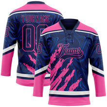 Laden Sie das Bild in den Galerie-Viewer, Custom Navy Pink-White 3D Splash Art Hockey Lace Neck Jersey
