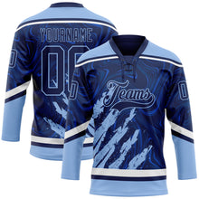 Laden Sie das Bild in den Galerie-Viewer, Custom Navy Light Blue-White 3D Splash Art Hockey Lace Neck Jersey
