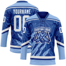 Загрузить изображение в средство просмотра галереи, Custom Royal White-Light Blue 3D Splash Art Hockey Lace Neck Jersey
