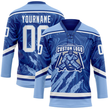 Custom Royal White-Light Blue 3D Splash Art Hockey Lace Neck Jersey
