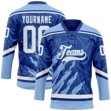 Загрузить изображение в средство просмотра галереи, Custom Royal White-Light Blue 3D Splash Art Hockey Lace Neck Jersey
