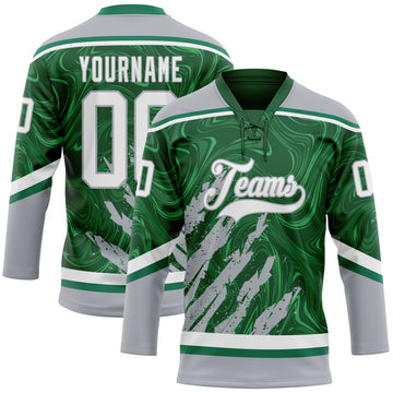 Custom Green White-Gray 3D Splash Art Hockey Lace Neck Jersey