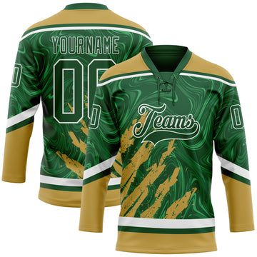 Custom Green Old Gold-White 3D Splash Art Hockey Lace Neck Jersey
