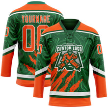 Laden Sie das Bild in den Galerie-Viewer, Custom Green Orange-White 3D Splash Art Hockey Lace Neck Jersey
