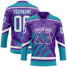 Load image into Gallery viewer, Custom Purple White-Teal 3D Splash Art Hockey Lace Neck Jersey
