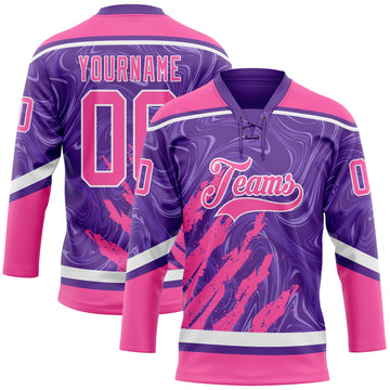 Custom Purple Pink-White 3D Splash Art Hockey Lace Neck Jersey