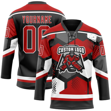 Custom Red Black-White 3D Pattern Geometric Shape Hockey Lace Neck Jersey