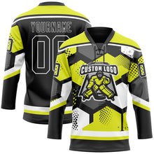 Load image into Gallery viewer, Custom Neon Yellow Black-White 3D Pattern Geometric Shape Hockey Lace Neck Jersey
