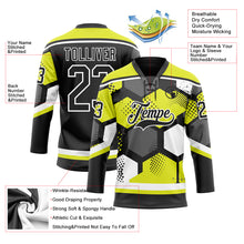 Load image into Gallery viewer, Custom Neon Yellow Black-White 3D Pattern Geometric Shape Hockey Lace Neck Jersey
