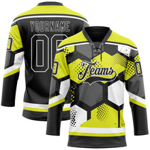Load image into Gallery viewer, Custom Neon Yellow Black-White 3D Pattern Geometric Shape Hockey Lace Neck Jersey
