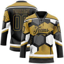 Charger l&#39;image dans la galerie, Custom Old Gold Black-White 3D Pattern Geometric Shape Hockey Lace Neck Jersey
