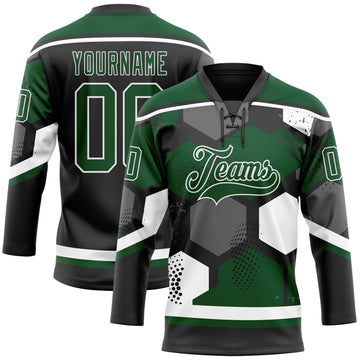 Custom Green Black-White 3D Pattern Geometric Shape Hockey Lace Neck Jersey