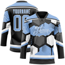 Load image into Gallery viewer, Custom Light Blue Black-White 3D Pattern Geometric Shape Hockey Lace Neck Jersey
