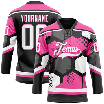 Custom Pink White-Black 3D Pattern Geometric Shape Hockey Lace Neck Jersey