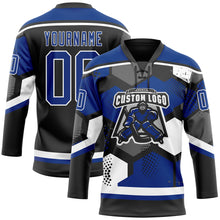 Load image into Gallery viewer, Custom Royal Black-White 3D Pattern Geometric Shape Hockey Lace Neck Jersey
