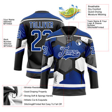Load image into Gallery viewer, Custom Royal Black-White 3D Pattern Geometric Shape Hockey Lace Neck Jersey

