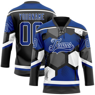 Custom Royal Black-White 3D Pattern Geometric Shape Hockey Lace Neck Jersey