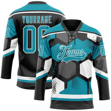 Load image into Gallery viewer, Custom Teal Black-White 3D Pattern Geometric Shape Hockey Lace Neck Jersey
