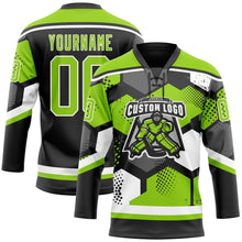 Load image into Gallery viewer, Custom Neon Green Black-White 3D Pattern Geometric Shape Hockey Lace Neck Jersey
