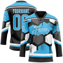 Load image into Gallery viewer, Custom Sky Blue Black-White 3D Pattern Geometric Shape Hockey Lace Neck Jersey
