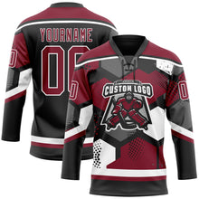 Load image into Gallery viewer, Custom Crimson Black-White 3D Pattern Geometric Shape Hockey Lace Neck Jersey
