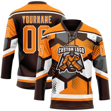 Charger l&#39;image dans la galerie, Custom Bay Orange Brown-White 3D Pattern Geometric Shape Hockey Lace Neck Jersey
