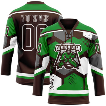 Custom Grass Green Brown-White 3D Pattern Geometric Shape Hockey Lace Neck Jersey