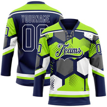 Load image into Gallery viewer, Custom Neon Green Navy-White 3D Pattern Geometric Shape Hockey Lace Neck Jersey
