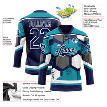 Load image into Gallery viewer, Custom Teal Navy-White 3D Pattern Geometric Shape Hockey Lace Neck Jersey
