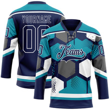Load image into Gallery viewer, Custom Teal Navy-White 3D Pattern Geometric Shape Hockey Lace Neck Jersey
