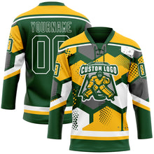 Charger l&#39;image dans la galerie, Custom Gold Green-White 3D Pattern Geometric Shape Hockey Lace Neck Jersey
