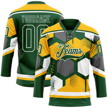 Charger l&#39;image dans la galerie, Custom Gold Green-White 3D Pattern Geometric Shape Hockey Lace Neck Jersey
