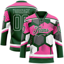 Load image into Gallery viewer, Custom Pink Green-White 3D Pattern Geometric Shape Hockey Lace Neck Jersey
